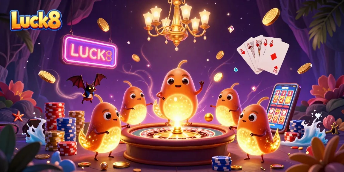 Experience Luck8's vibrant casino scene filled with glowing characters and exciting games.