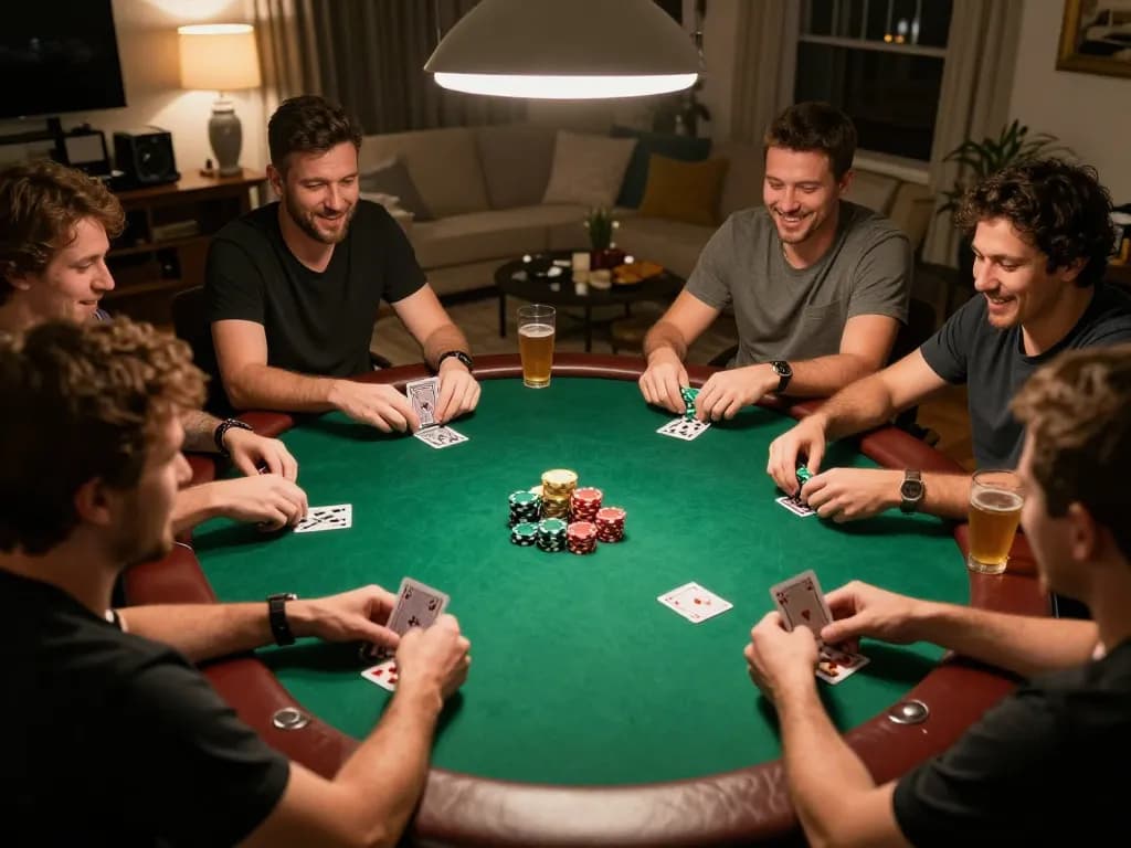 Engaging poker game at home featuring Poker88 Alternatif Link, friendly players with chips and cards, cozy ambiance