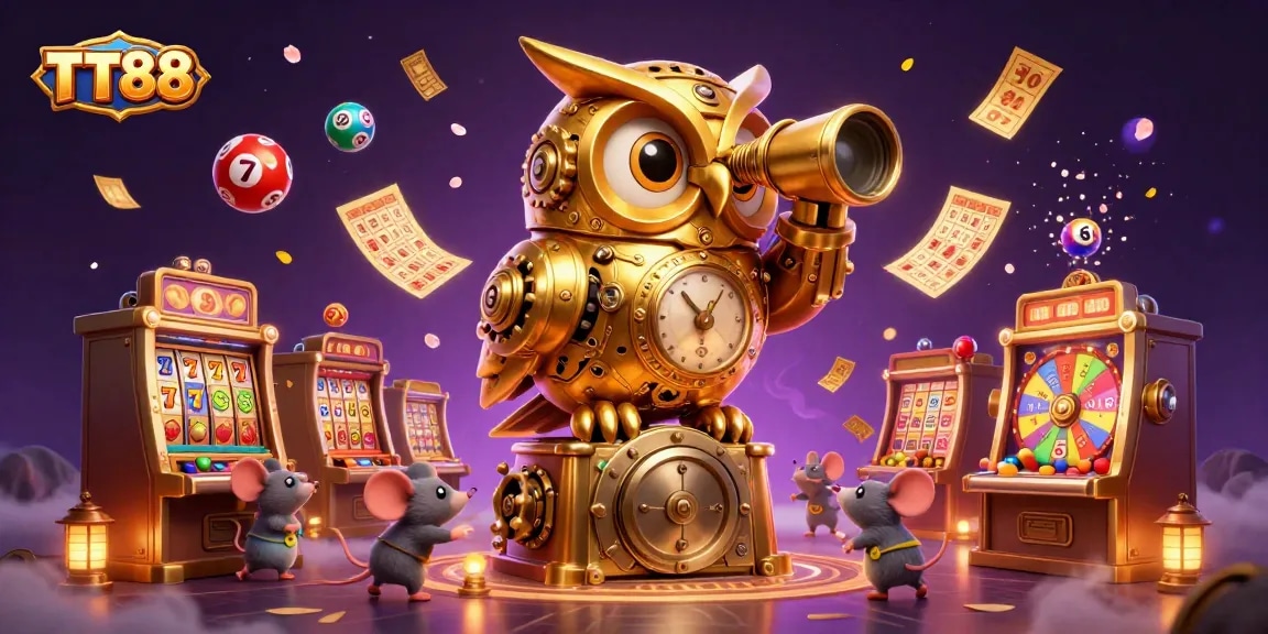Experience the excitement of TT88 as a golden owl surveys a vibrant casino filled with dynamic slots and games.