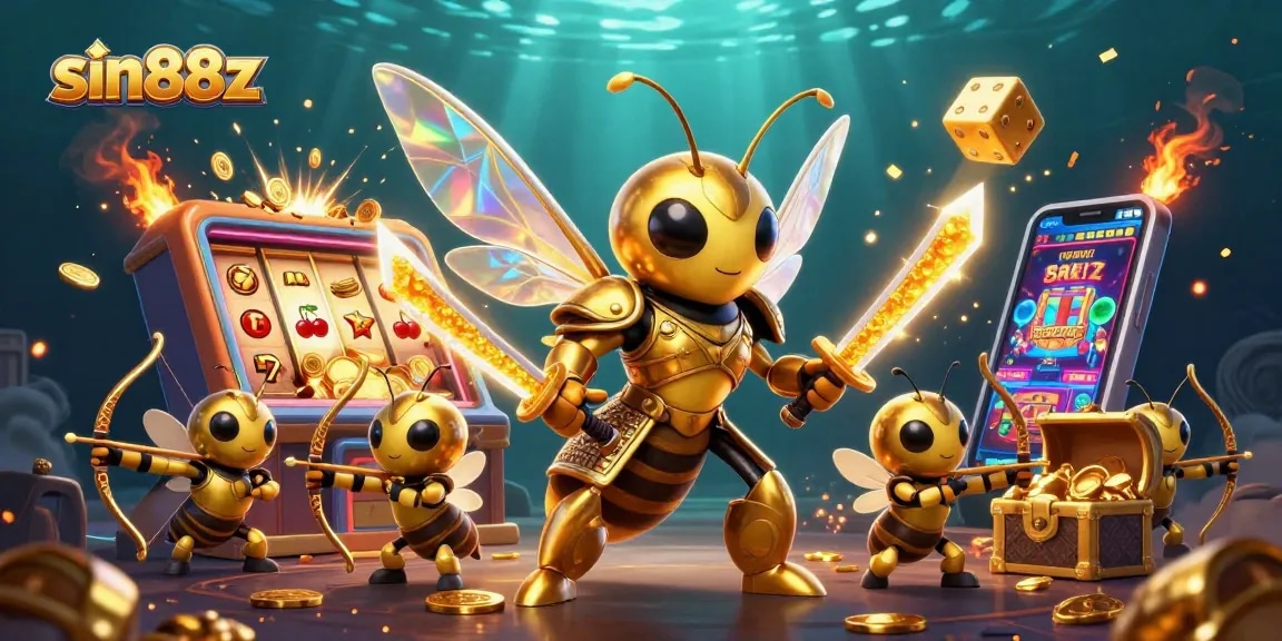Engage with the exhilarating slots experience at sin88z, showcasing a golden hornet samurai amidst a jackpot explosion.