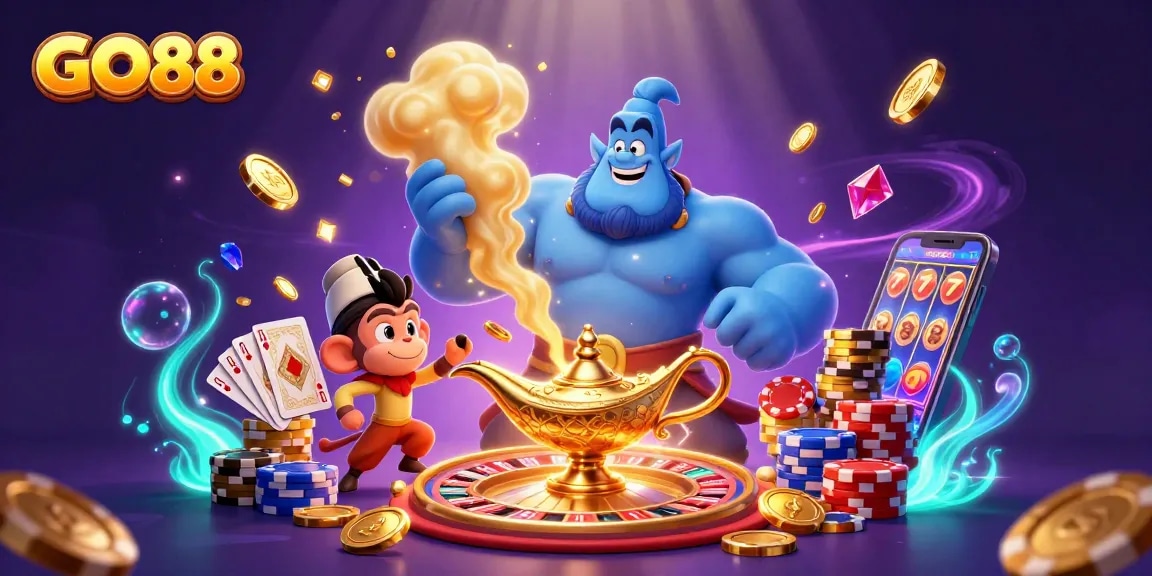 Experience the thrill of GO88 with a vibrant casino scene filled with exciting games and magical elements.