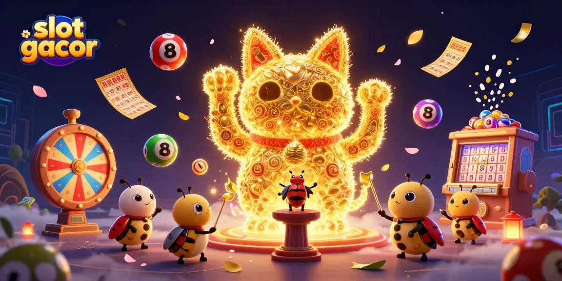 Slot gacor dengan kucing keberuntungan dan simbol kasino berkilau, bermain seru.