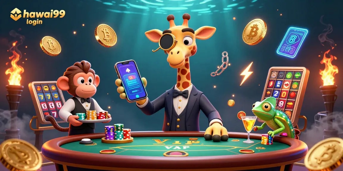 Experience hawai99 login at a vibrant casino scene with a high-roller giraffe, monkey valet, and chameleon bartender.