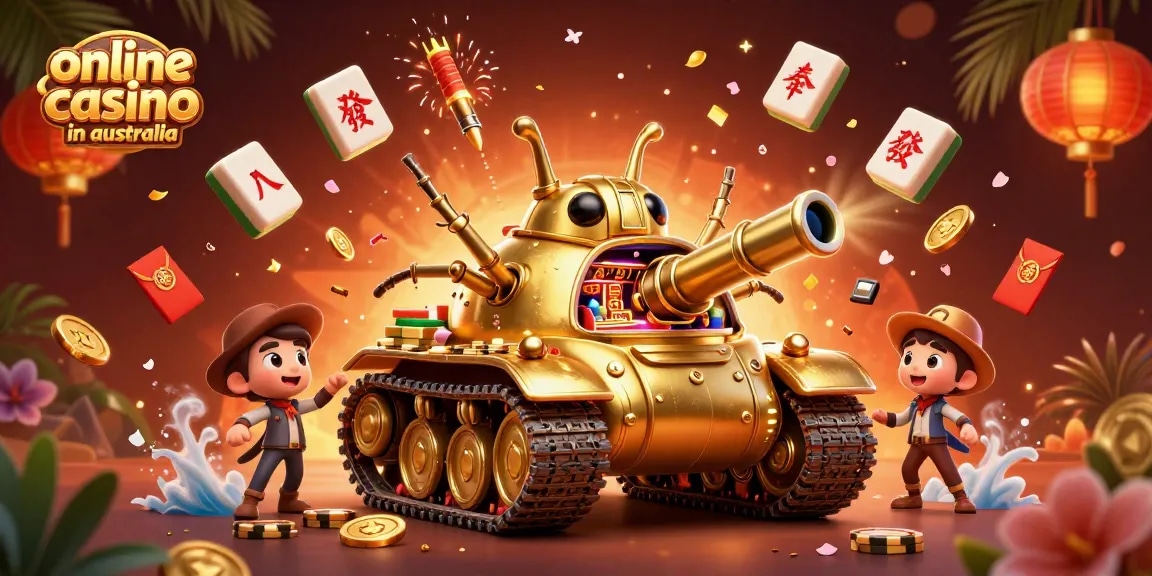 Experience the excitement of an online casino in australia with a colorful 3D cartoon scene featuring a golden beetle tank and miniature casino.