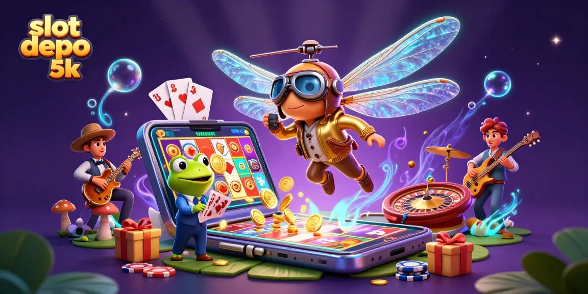Spin to win big with slot depo 5k as a frog croupier deals cards in a vibrant casino scene.