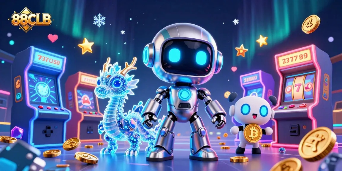 Engage with 88CLB through vibrant 3D casino illustration featuring a robot mascot, a dragon, and a drone.