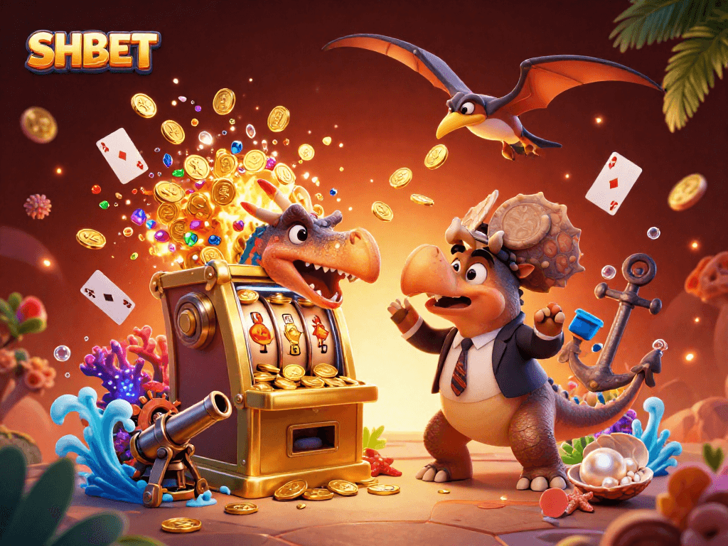 Experience thrilling wins at SHBET as a pachycephalosaurus strikes a golden slot machine.