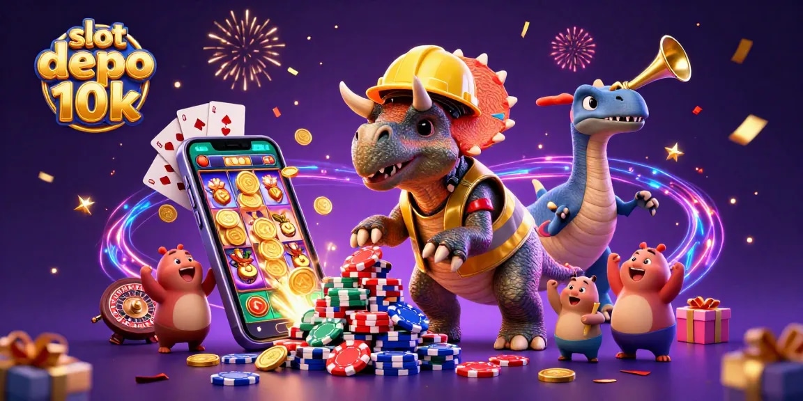 Slot depo 10k illustration showcasing vibrant casino elements with cheerful characters.