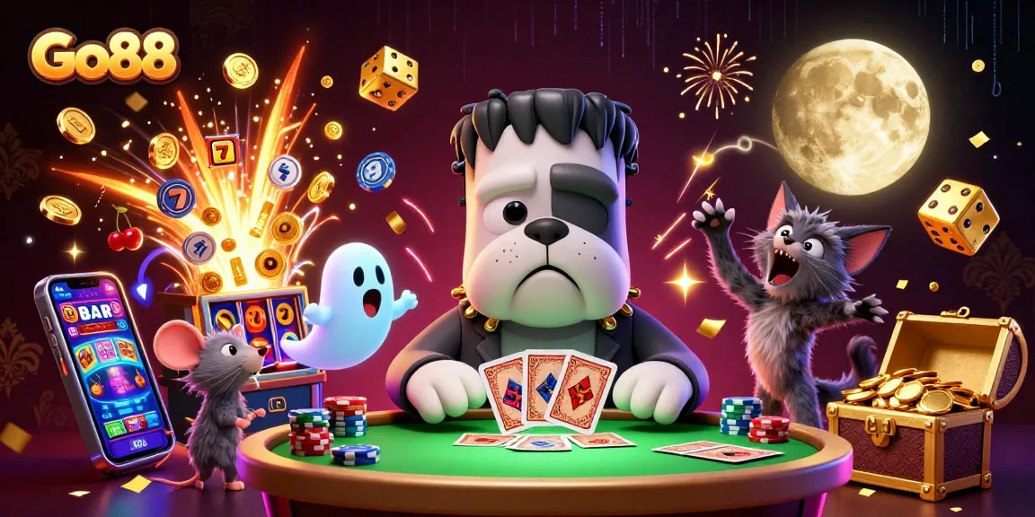Go88 gaming experience featuring a charismatic Frankenstein bulldog dealer surrounded by lively casino elements.