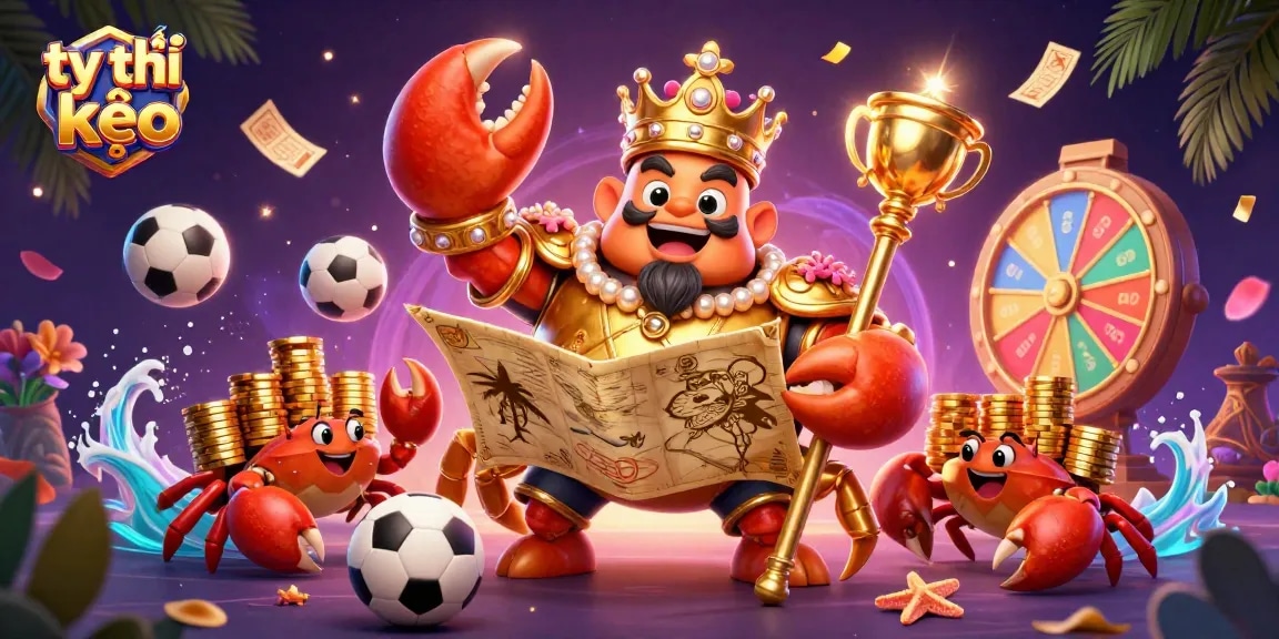 Engage in thrilling tỷ lệ kèo sports betting with dynamic visuals of a golden crab emperor and vibrant gaming elements.