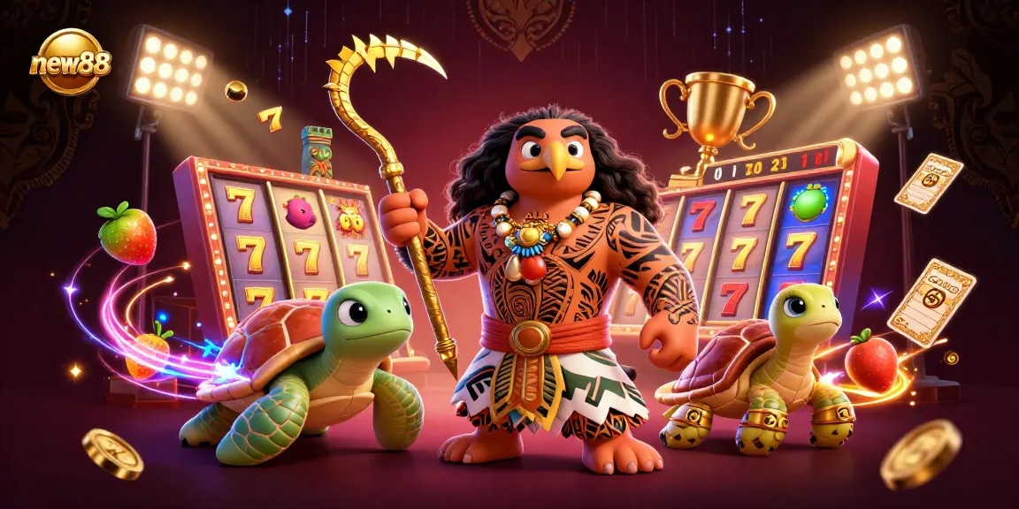 Experience winning at new88 with a thrilling 3D illustration featuring exciting slots and vibrant characters.