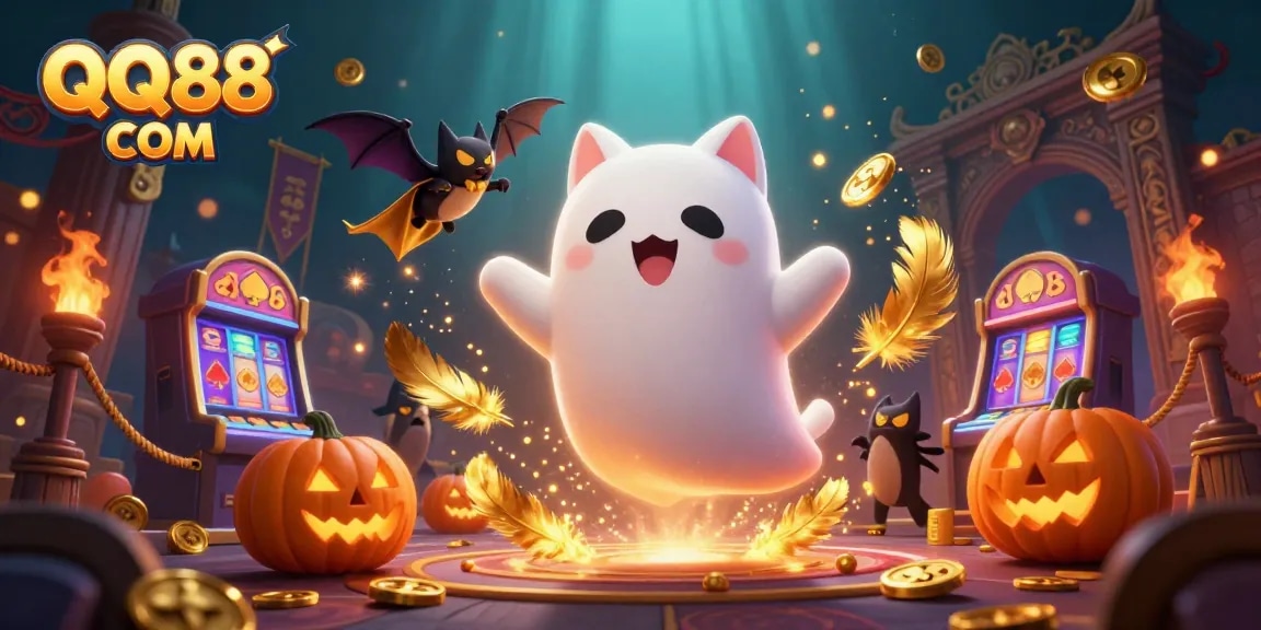 Engage with QQ88 COM in a vibrant haunted casino, where a ghost cat and a bat explore glowing slot machines.