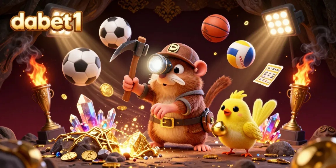 dabet1 showcases a treasure hunter mole amid golden gems and sports balls, emphasizing thrilling gaming.