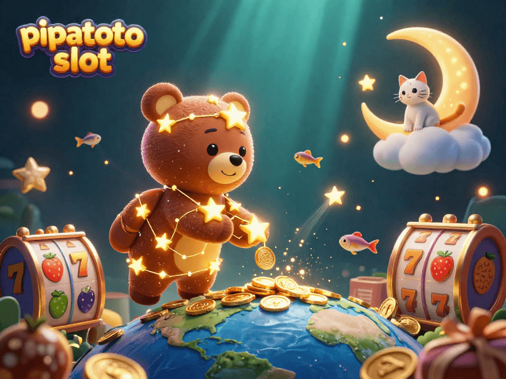 Experience the thrill of winning with the pipatoto slot, surrounded by vibrant gambling symbols and dynamic characters.