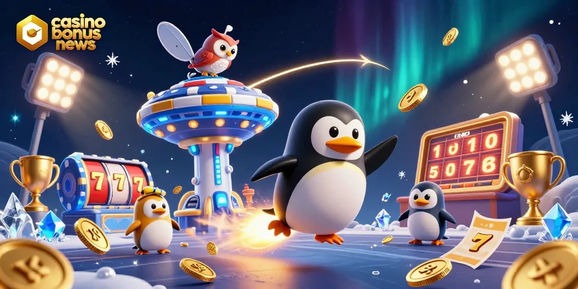 Explore casino bonus news with a thrilling 3D scene showcasing a golden penguin and casino elements.