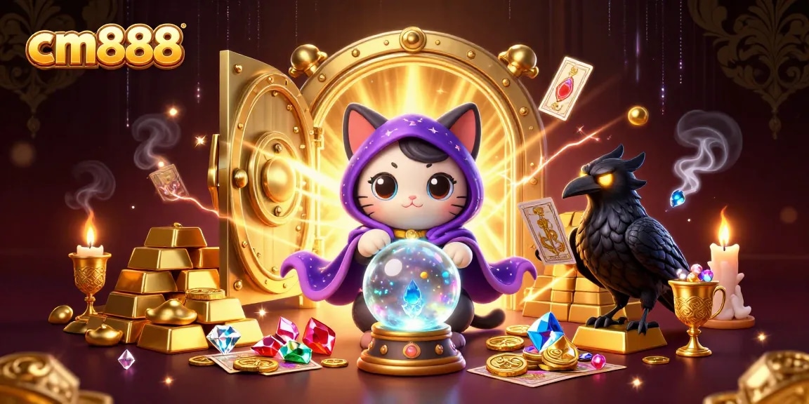 Experience cm888's magical casino with a fortune teller cat and mystical treasures in a vibrant scene.