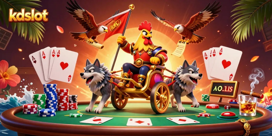 Experience thrilling poker action with kdslot's cartoon rooster warlord and poker elements.