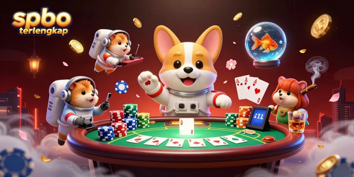 Engage with spbo terlengkap in a vibrant 3D casino scene featuring a floating corgi and poker action.