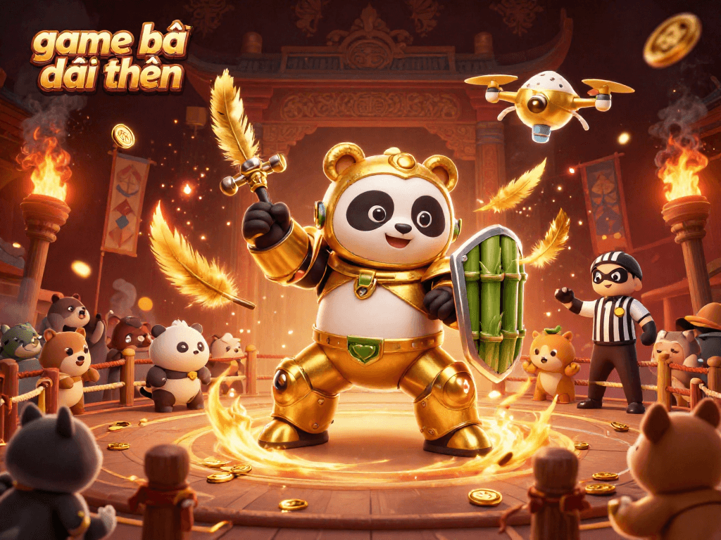 Engage in thrilling game bài đổi thưởng with intense battles in a cartoon mech-suit arena.