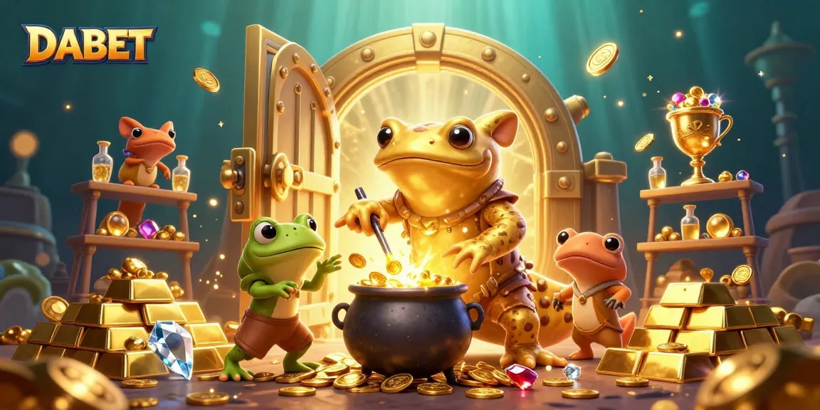 DABET players spinning golden slots and winning big prizes amidst a treasure-filled 3D scene.