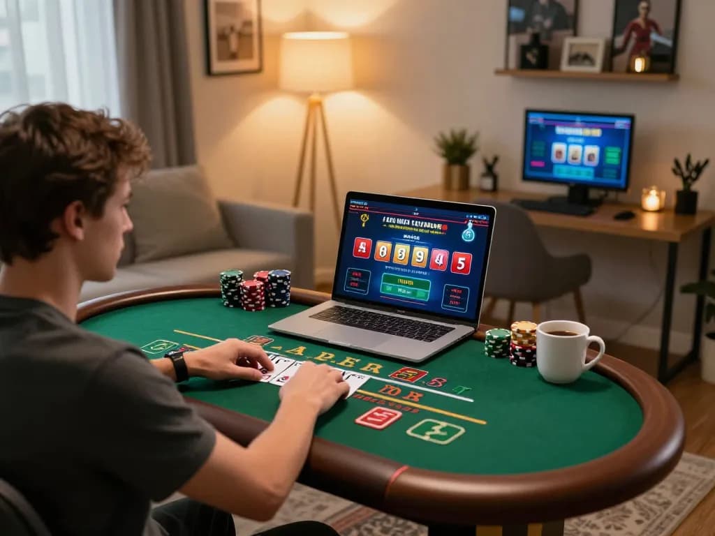 player enjoying live blackjack on a laptop, highlighting sky88 online gaming experience