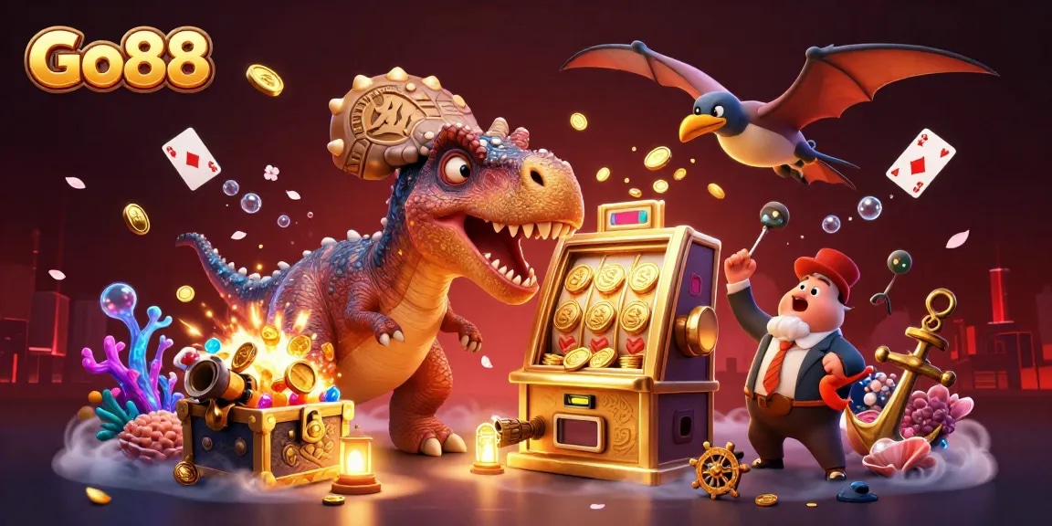 Go88 showcases a dynamic casino scene with a dinosaur and slot machine, capturing exciting jackpot moments.