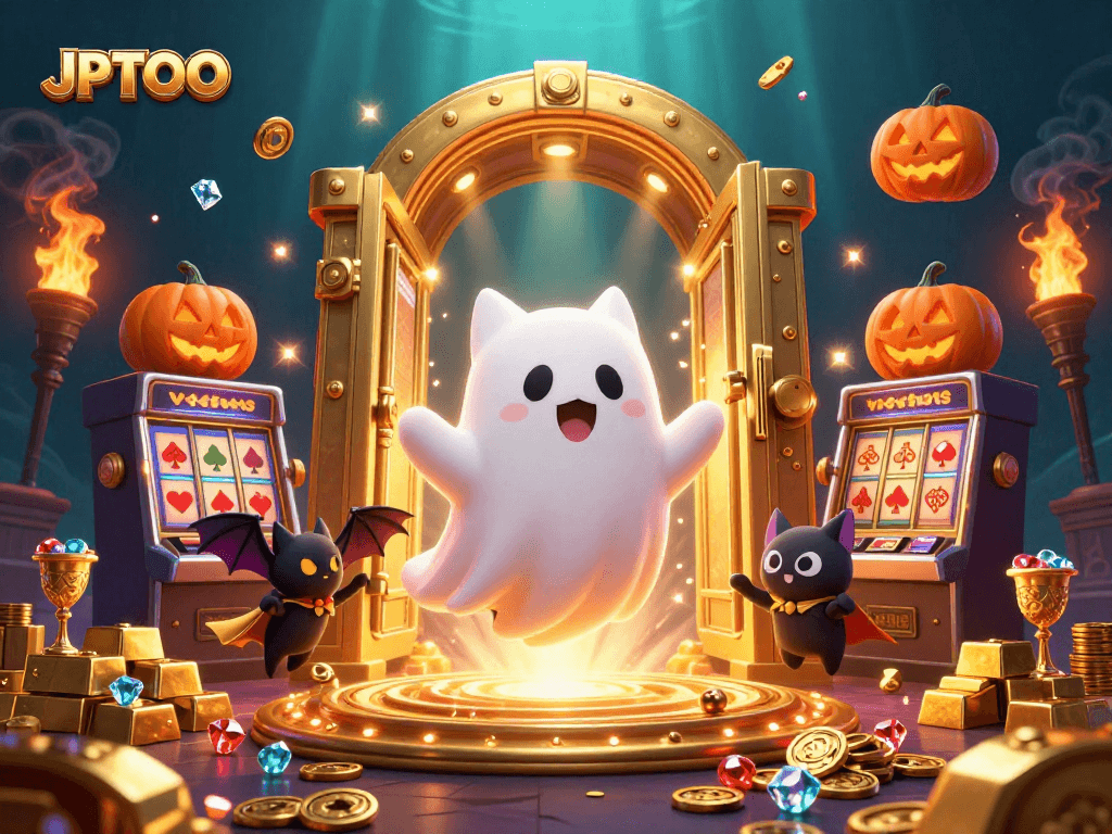 Experience thrilling jackpots at JPTOTO with lively casino graphics featuring ghostly characters.