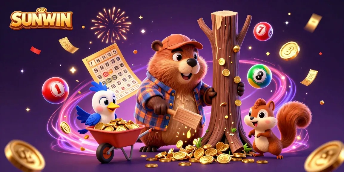 SUNWIN offers a vibrant casino experience as the beaver collects golden coins amidst colorful lottery elements in a dynamic illustration.