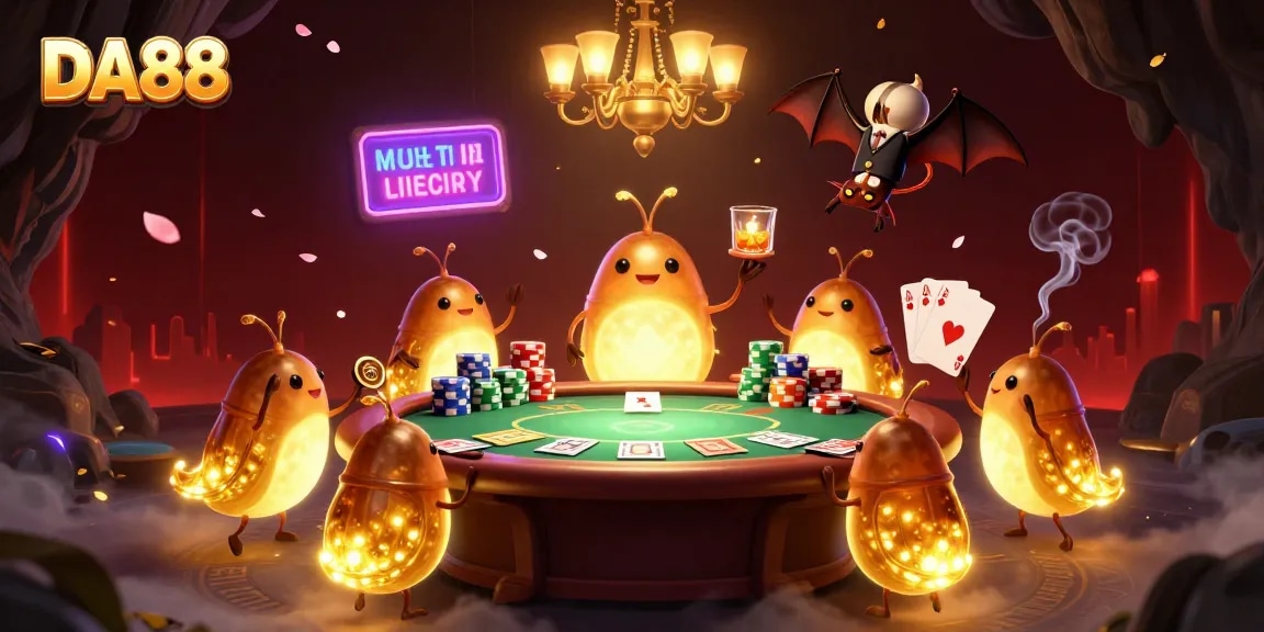 DA88 casino glowworms lighting up a poker game with vivid colors and energetic atmosphere