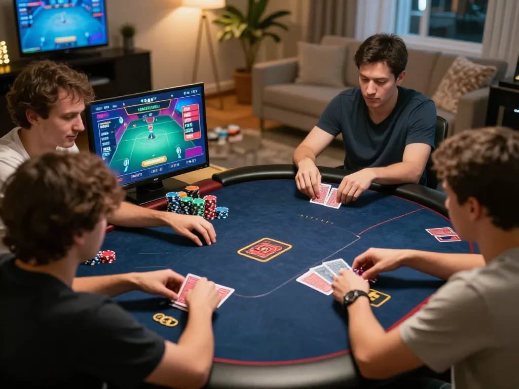 F8BET players enjoying an exciting online poker game with strategic moves and cozy home atmosphere