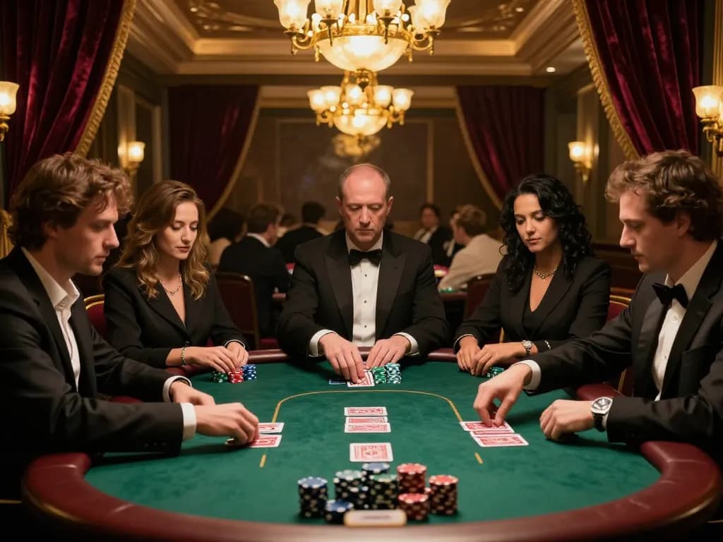 Players at a high-stakes poker table strategize their bets at God55 casino in an upscale setting.