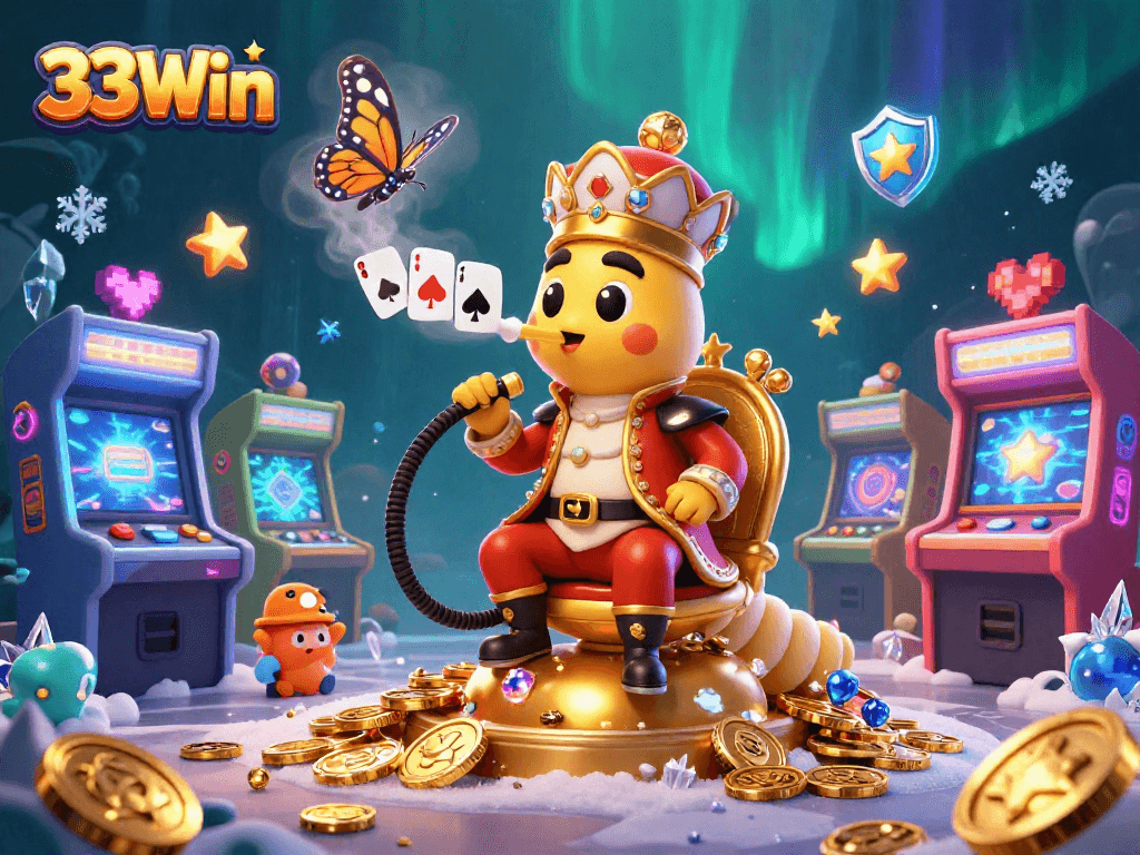 33Win game mastery illustrated with a vibrant scene featuring a lavish caterpillar and arcade elements.