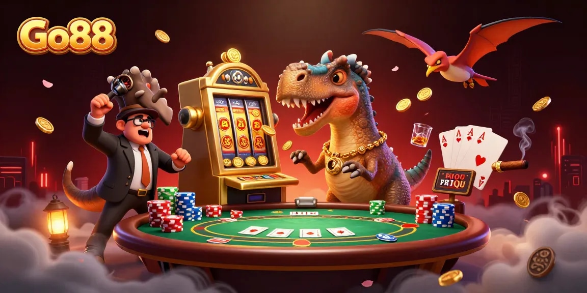 Go88 offers thrilling excitement as a cartoon dinosaur wins jackpot coins from a slot machine.