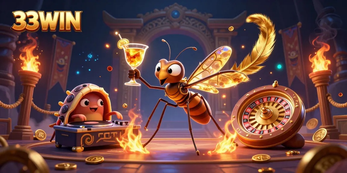 Experience high-stakes casino action with the 33WIN mascot at the golden roulette wheel.