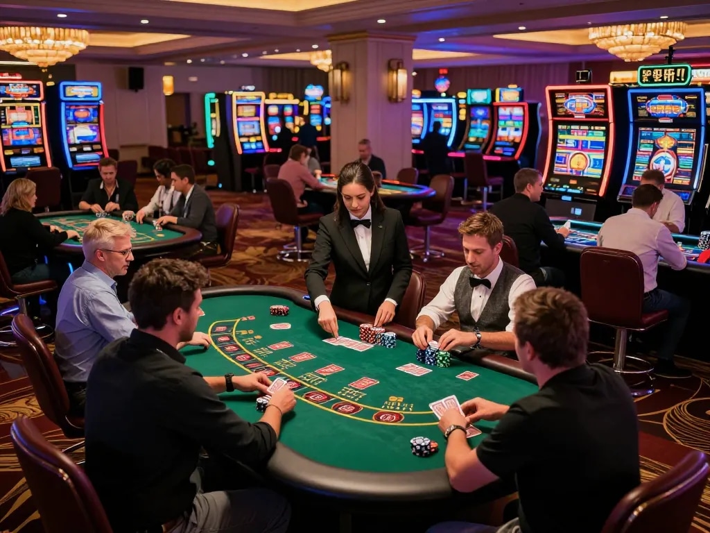 Engaging scene of taixiusunwin.art casino floor with players in action at poker tables, dynamic atmosphere of gaming excitement.