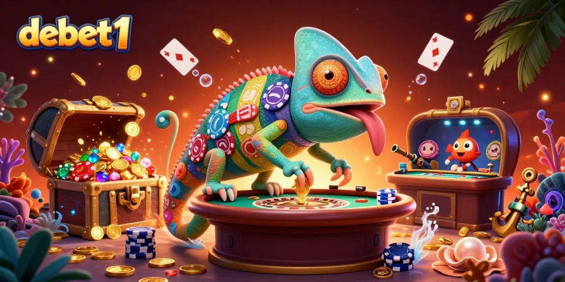 Engage with debet1 at an exciting casino scene featuring a colorful chameleon and vibrant game elements.