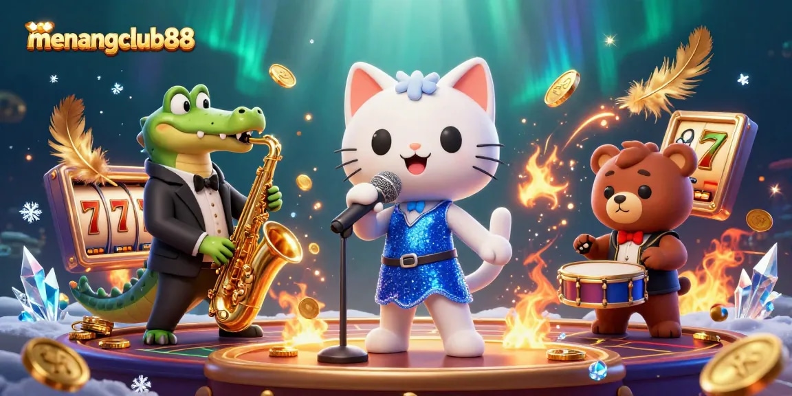 Join the excitement at menangclub88 with vibrant characters celebrating wins in a lively casino scene.