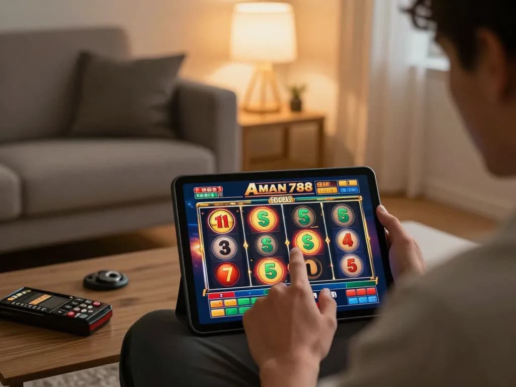 Pemain mengalami permainan slot AMAN788 di tablet dalam suasana rumah yang hangat dengan ambiance yang nyaman.