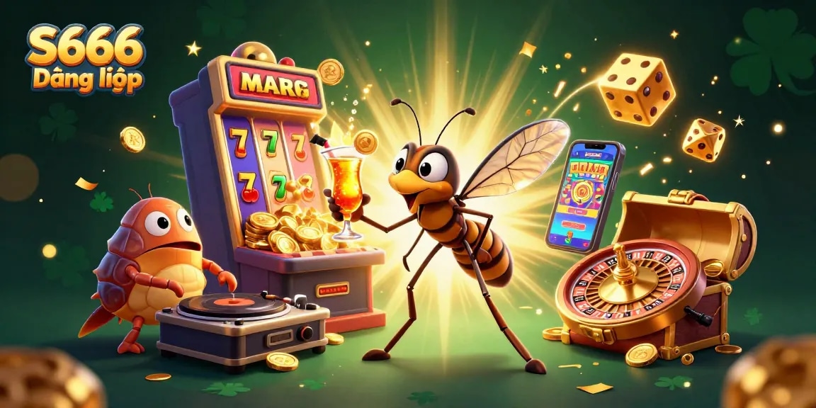 S666 Đăng nhập showcases casino fun with vibrant characters, a golden cocktail, and a jackpot explosion.