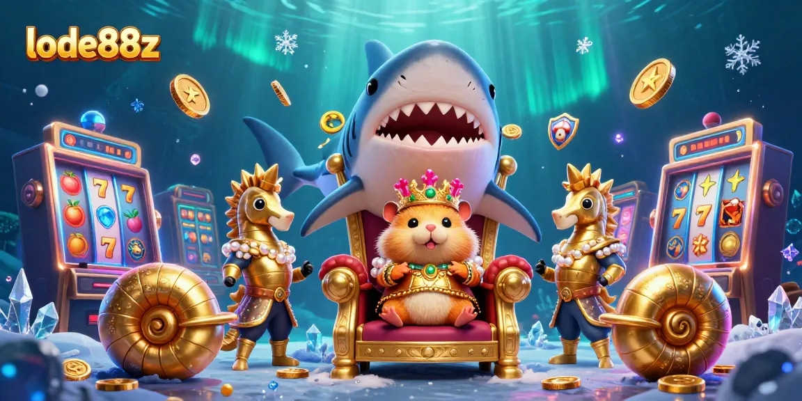 Experience the excitement of lode88z with a vibrant and regal underwater casino scene featuring characters and slot machines.