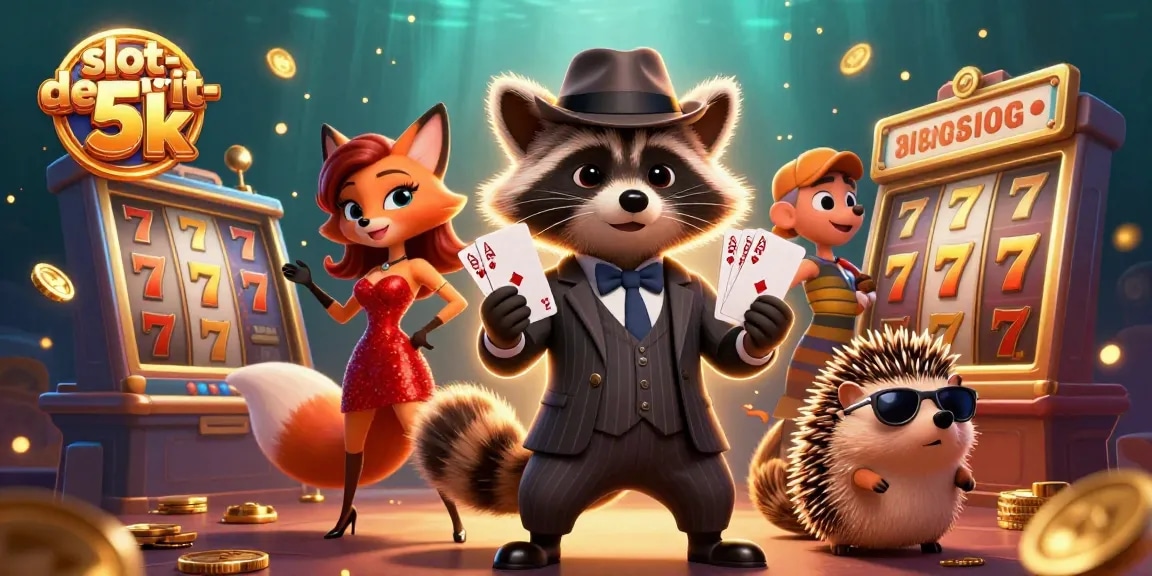 Experience thrilling wins with slot-deposit-5k, as our suave raccoon and friends celebrate jackpot fun!