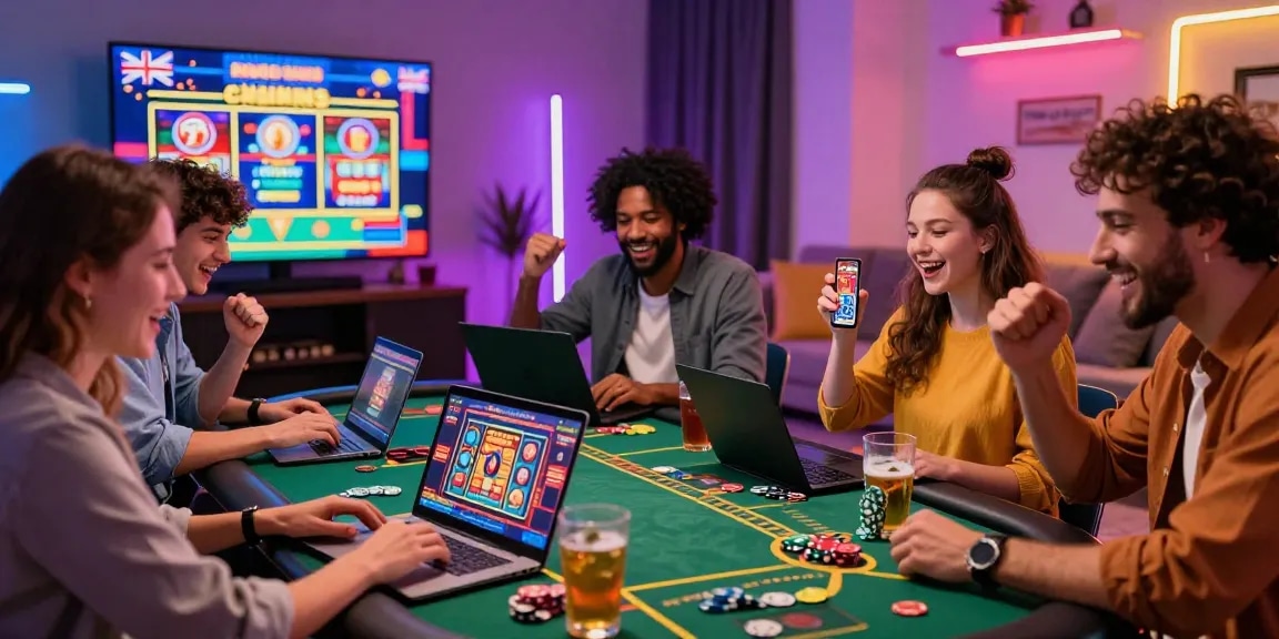 Exciting scene of friends enjoying new online casinos UK with mobile gaming, vibrant atmosphere, and modern decor.