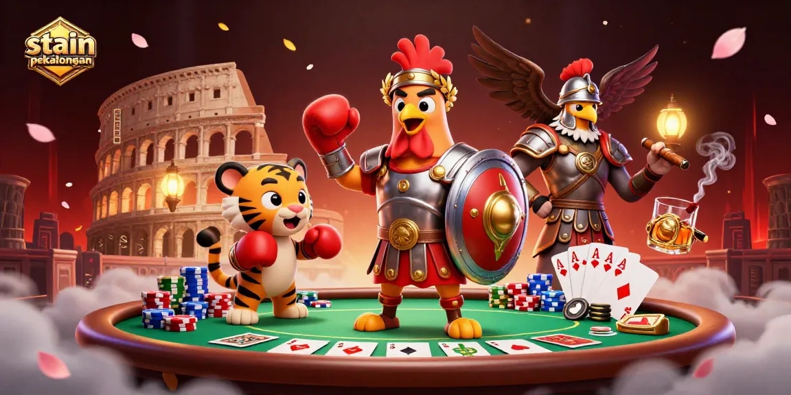 Engage with thrilling gameplay at stain pekalongan featuring a rooster gladiator and tiger cub in a vibrant casino scene.