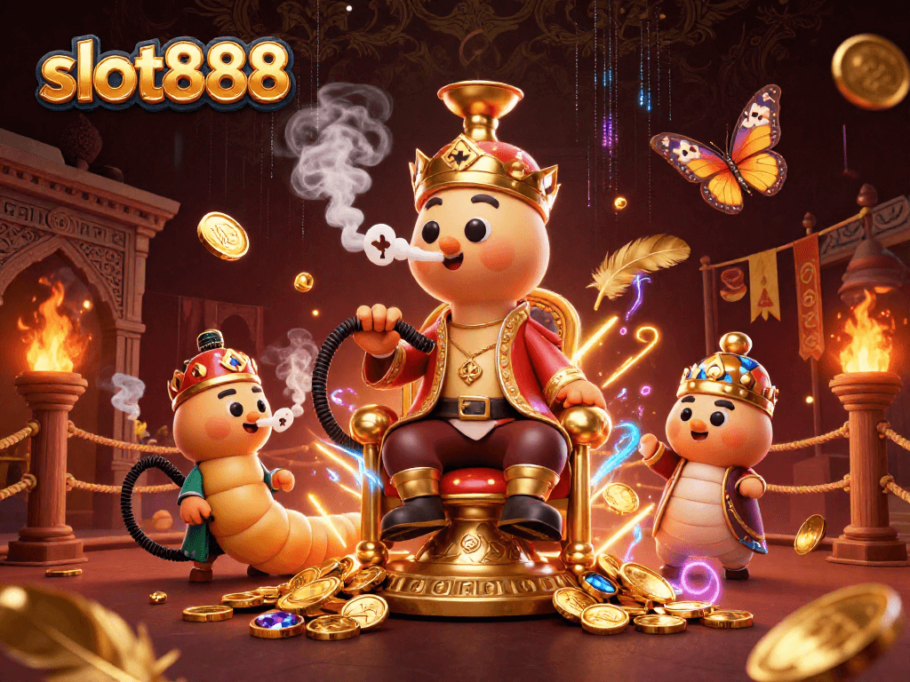 Slot888 menunjukkan kemenangan di daratan emas dengan simbol kartu dan koin berkilau.