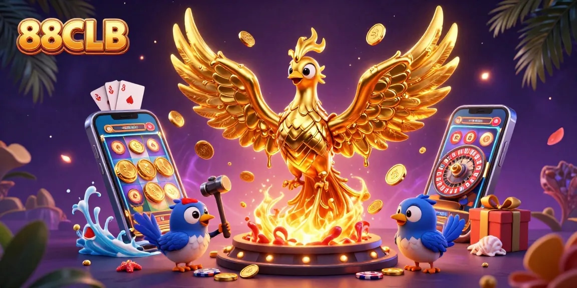 Experience 88CLB’s gaming thrill with a golden phoenix and dynamic casino elements in a stunning illustration