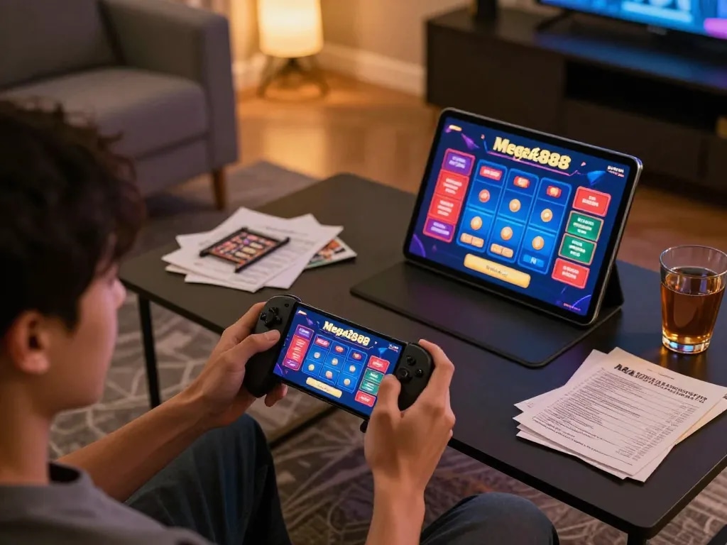 Mega888 original apk on smartphone showcasing vibrant casino game interface during home gaming session.