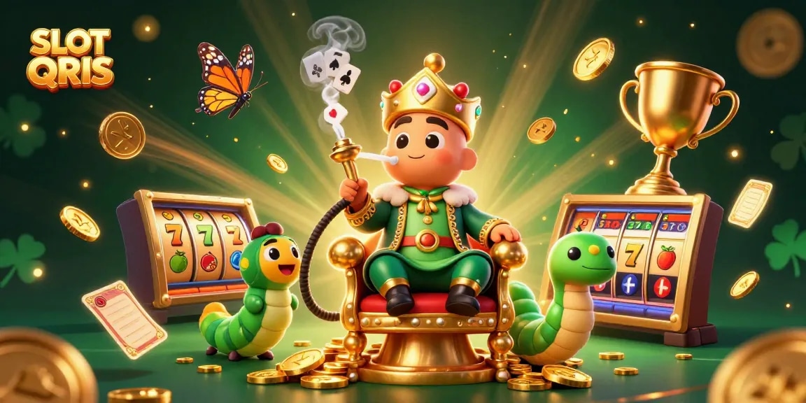 Engage with SLOT QRIS in this vibrant 3D illustration featuring a whimsical casino scene packed with exciting slot elements.