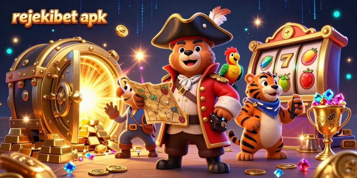 Experience excitement with the rejekibet apk as the pirate bear and tiger uncover treasures in a dynamic casino scene.