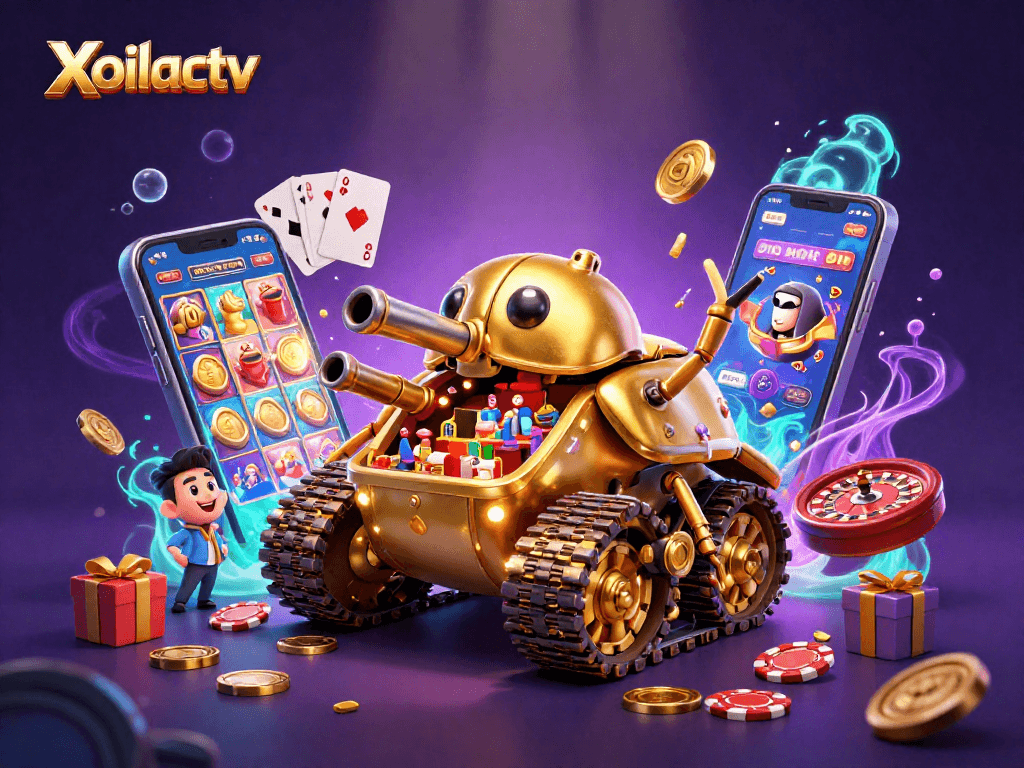 Xoilactv reveals a vibrant casino adventure inside a golden beetle tank with engaging game elements.