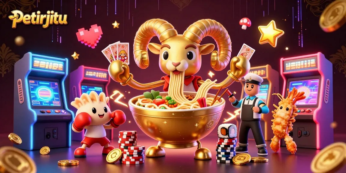 Petirjitu menghadirkan suasana kasino dengan karakter lucu bermain kartu dan mengumpulkan chip di latar yang cemerlang.